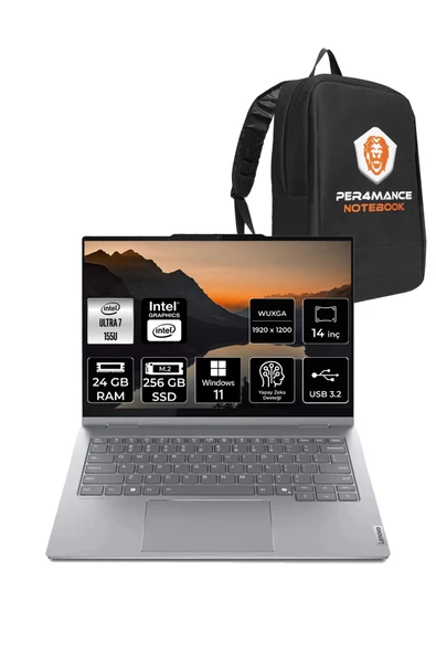 LENOVO  ThinkBook 14 Ultra 7 155U 24GB 256GB SSD 14" W11P WUXGA Dokunmatik 2'si 1 Arada & PER4 Çanta
