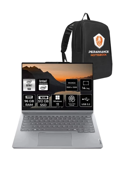 LENOVO  ThinkBook 14 Ultra 7 155U 96GB 512GB SSD 14" W11H WUXGA Dokunmatik 2'si 1 Arada & PER4 Çanta