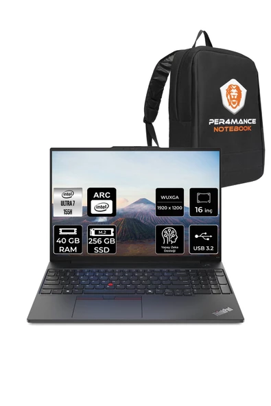 LENOVO  ThinkPad E16 G2 Ultra 7 155H 40GB 256GB SSD 16'' WUXGA FDOS 21MA002UTX & PER4 Çanta ürün görseli