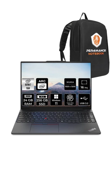 LENOVO  ThinkPad E16 G2 Ultra 7 155H 24GB 256GB SSD 16'' WUXGA W11H 21MA002UTX & PER4 Çanta