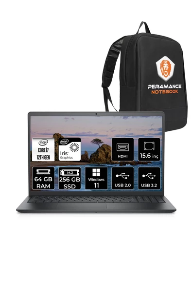 Dell  Vostro 3520 Intel Core i7 1255U 64GB 256GB SSD 15.6" FHD W11H & PER4 Çanta