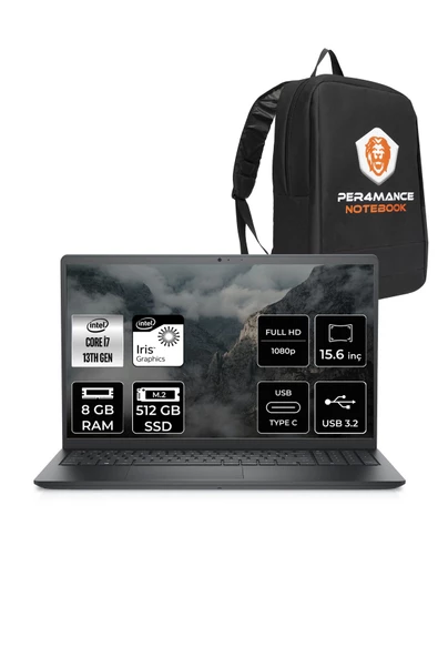Dell  Vostro 3530 i7 1355U 8GB RAM 512GB SSD 15.6'' FHD FDOS Taşınabilir Bilgisayar & PER4 Çanta