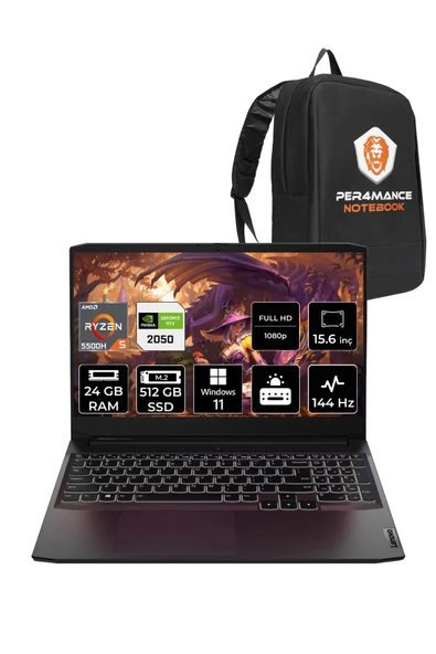 LENOVO  IdeaPad 3 R5 5500H 24GB 512GB SSD RTX2050/4GB 144Hz 15.6'' W11H Taşınabilir Bilgisayar & PER4 Çanta