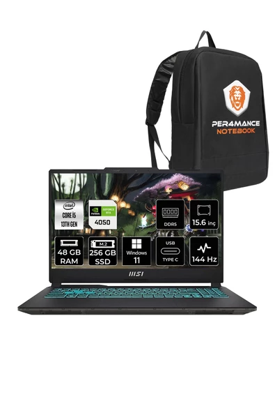 MSI  Cyborg 15 A13VE78 i5-13420H 48GB 256GB SSD RTX4050/6GB 15.6" FHD 144Hz W11P & PER4 Çanta