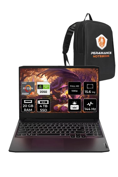 LENOVO  IdeaPad 3 R5 5500h 20gb 4tb Ssd Rtx2050/4gb 144hz 15.6'' FDOS Taşınabilir Bilgisayar & PER4 Çanta