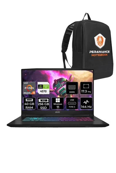 MSI  Katana A17 B8VG62 R9-8945HS 40GB 256GB SSD RTX4070/8GB 105W 17.3" FHD 144Hz W11P  & PER4 Çanta