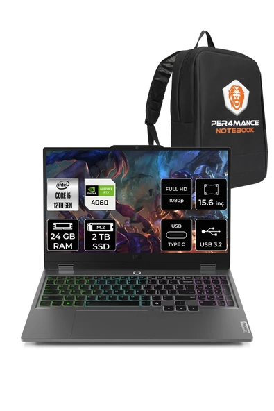 LENOVO  LOQ 15IAX9 i5-12450HX 24GB 2TB SSD 105W RTX4060/8GB 15.6" FHD FDOS & PER4 Çanta ürün görseli 1