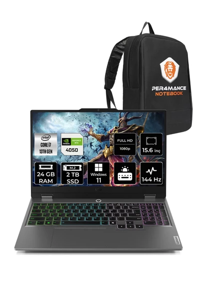 LENOVO  LOQ i7 13650HX 24GB 2TB SSD RTX4050/6GB 105W 144Hz FHD 15.6" W11H Taşınabilir Bilgisayar & PER4 Çanta