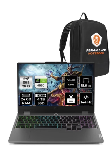 LENOVO  LOQ i7 13650HX 24GB 4TB SSD RTX4050/6GB 105W 144Hz FHD 15.6" FDOS Taşınabilir Bilgisayar & PER4 Çanta