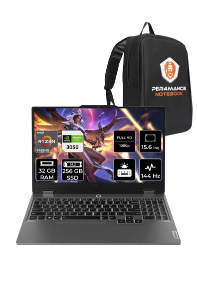 LENOVO  LOQ R5 7235HS 32GB 256GB SSD RTX3050/6GB 95W 144Hz FHD 15.6" FDOS Taşınabilir Bilgisayar & PER4 Çanta