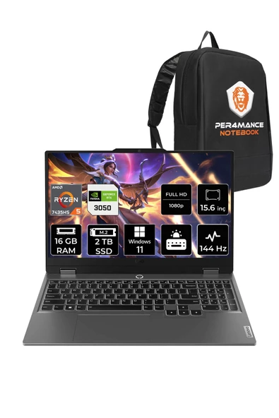 LENOVO  LOQ R5 7235HS 16GB 2TB SSD RTX3050/6GB 95W 144Hz FHD 15.6" W11H Taşınabilir Bilgisayar & PER4 Çanta