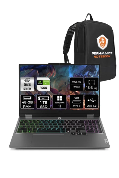LENOVO  LOQ 15IAX9 i5-12450HX 48GB 1TB SSD 105W RTX4060/8GB 15.6" FHD W11P & PER4 Çanta ürün görseli