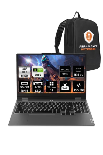LENOVO  LOQ i5 12450HX 96GB 4TB SSD RTX3050/6GB 95W 144Hz FHD 15.6" W11P Taşınabilir Bilgisayar & PER4 Çanta