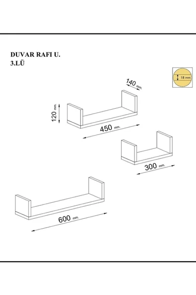 Egecan Mobilya Beyaz Duvar Rafı U Model Raf Uçan Raf Gizli Raf - 3