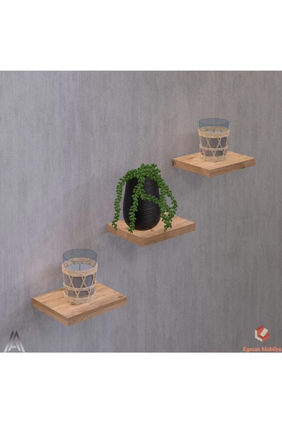 Egecan Mobilya Atlantik Çam Uçan Duvar Rafı 3 Adet Dekoratif Raf Çiçeklik Mumluk Dekoratif Çiçeklik