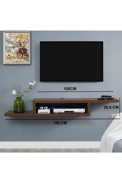 Egecan Mobilya Ceviz 180 Cm Tv Ünitesi Tv Standı Duvar Rafı Kitaplık - 4