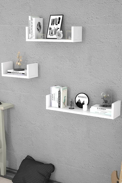 Egecan Mobilya Beyaz Duvar Rafı U Model Raf Uçan Raf Gizli Raf - 2