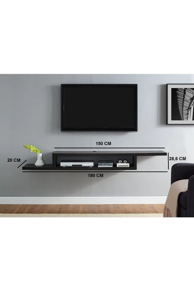 Egecan Mobilya Siyah 180 cm Tv Ünitesi Tv Standı Duvar Rafı Kitaplık - 3