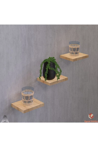 Egecan Mobilya Meşe Uçan Duvar Rafı 3 Adet Dekoratif Raf Çiçeklik Mumluk Dekoratif Çiçeklik