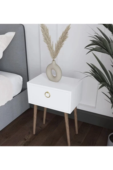 Egecan Mobilya Beyaz Ahşap Ayaklı Başucu Komodin Yatak Odası Komodin Çocuk Odası Komodin Kapaklı Komodin - 2