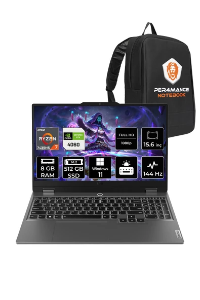 LENOVO  LOQ R7 7435HS 8GB 512GB SSD RTX4060/8GB 105W 144Hz FHD 15.6" W11H Taşınabilir Bilgisayar & PER4 Çanta ürün görseli