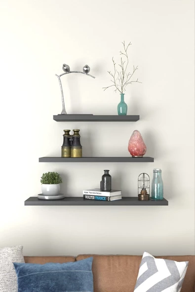 Egecan Mobilya Antrasit Duvar Rafı 3 Lü Set Gizli Raf Uçan Raf Yüzen Raf Kitaplık (50-40-30)