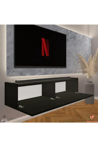 Egecan Mobilya Siyah 110 Cm Tv Ünitesi Tv Sehpası Duvar Rafı Kitaplık - 3