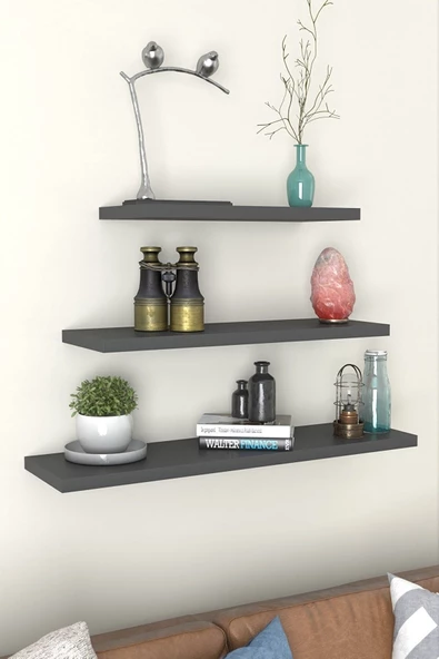Egecan Mobilya Antrasit Duvar Rafı 3 Lü Set Gizli Raf Uçan Raf Yüzen Raf Kitaplık (50-40-30) - 2