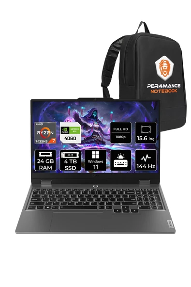LENOVO  LOQ R7 7435HS 24GB 4TB SSD RTX4060/8GB 105W 144Hz FHD 15.6" W11P Taşınabilir Bilgisayar & PER4 Çanta