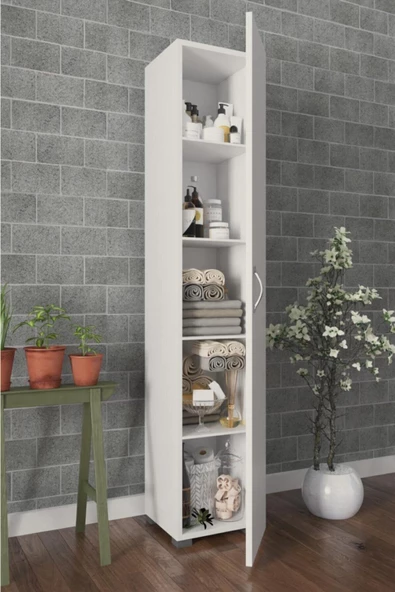 Egecan Mobilya Tek Kapaklı 5 Raflı Çok Amaçlı Banyo Mutfak Kiler Dolabı Beyaz Erzak Dolabı - 2