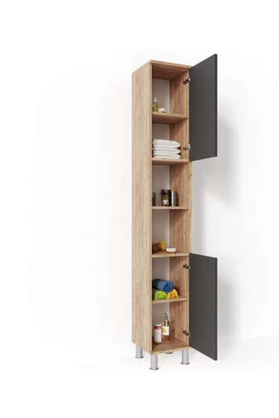 Egecan Mobilya 6 Raflı Banyo Boy Dolabı Havlu Dolabı Erzak Dolabı Banyo Dolabı Safir Meşe - 2
