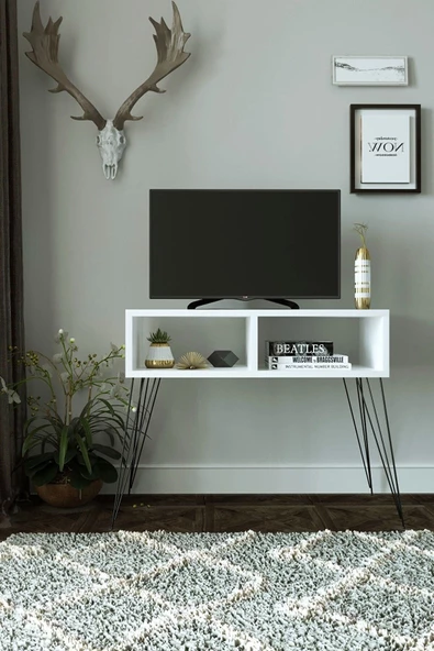 Egecan Mobilya Beyaz Salon Oturma Odası Tv Ünitesi Tv Sehpası Ayaklı Tv Ünitesi Tv Standı Kitaplık Duvar Rafı