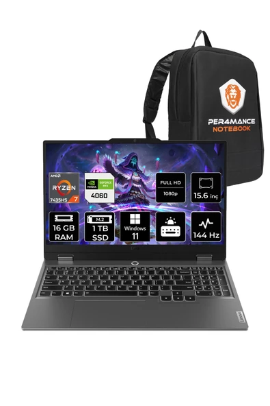 LENOVO  LOQ R7 7435HS 16GB 1TB SSD RTX4060/8GB 105W 144Hz FHD 15.6" W11H Taşınabilir Bilgisayar & PER4 Çanta
