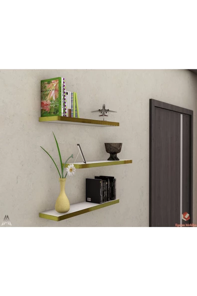 Egecan Mobilya Beyaz Gold Uçan Duvar Rafı 3 Lü Set Gizli Raf 50-50-50 - 2