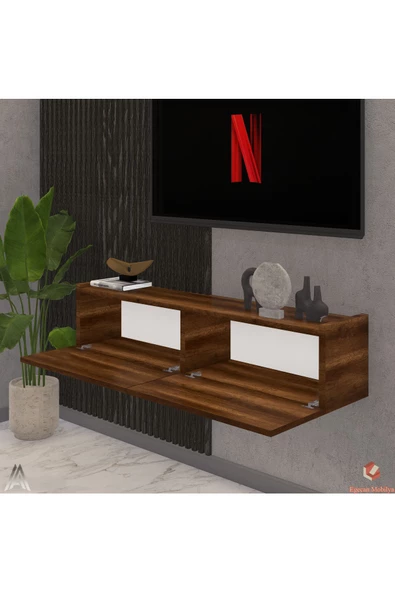 Egecan Mobilya Ceviz 90 cm Tv Ünitesi Tv Sehpası Duvar Rafı Kitaplık - 3