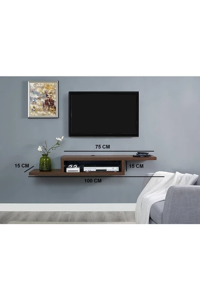 Egecan Mobilya Ceviz 100 Cm Tv Ünitesi Tv Standı Duvar Rafı Kitaplık - 2