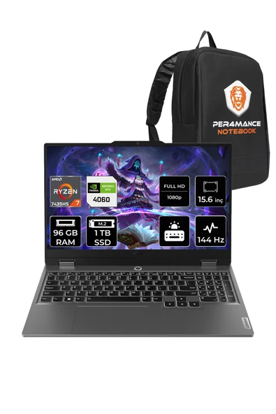 LENOVO  LOQ R7 7435HS 96GB 1TB SSD RTX4060/8GB 105W 144Hz FHD 15.6" FDOS Taşınabilir Bilgisayar & PER4 Çanta