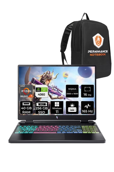 ACER  Nitro 16 R7 8845HS 40GB 256GB SSD RTX4060/8GB 165Hz WQXGA 16" W11H Taşınabilir Bilgisayar & PER4 Çanta