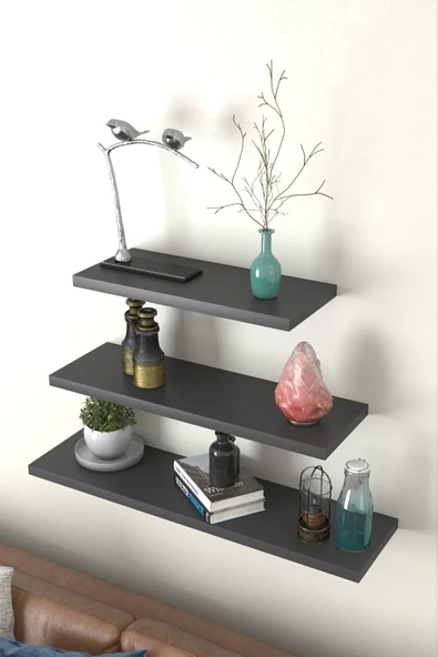 Egecan Mobilya Antrasit Duvar Rafı 3 Lü Set Gizli Raf Uçan Raf Yüzen Raf Kitaplık (50-40-30) - 4