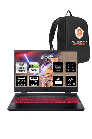 ACER  Nitro 5 i5-12450H 32GB 1TB SSD RTX3050/4GB 144Hz 15.6" FHD FDOS & PER4 Çanta