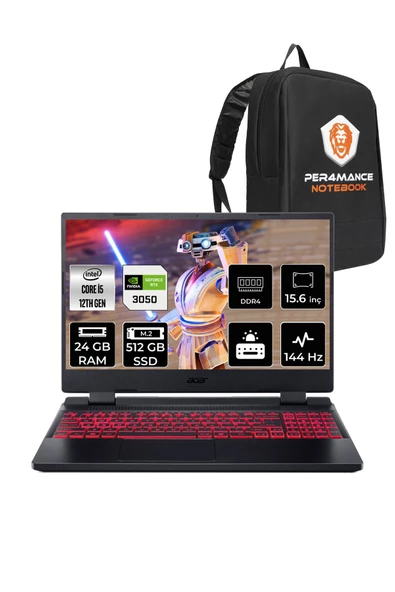 ACER  Nitro 5 i5-12450H 24GB 512GB SSD RTX3050/4GB 144Hz 15.6" FHD FDOS & PER4 Çanta