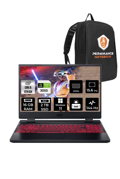 ACER  Nitro 5 i5-12450H 16GB 2TB SSD RTX3050/4GB 144Hz 15.6" FHD W11P & PER4 Çanta