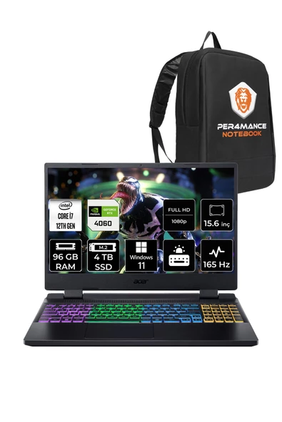 ACER  Nitro 5 i7 12650H 96GB 4TB SSD RTX4060/8GB 165Hz FHD 15.6" W11P Taşınabilir Bilgisayar & PER4 Çanta
