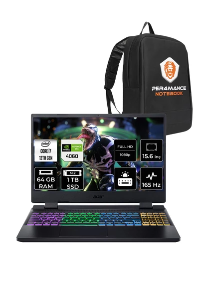 ACER  Nitro 5 i7 12650H 64GB 1TB SSD RTX4060/8GB 165Hz FHD 15.6" FDOS Taşınabilir Bilgisayar & PER4 Çanta