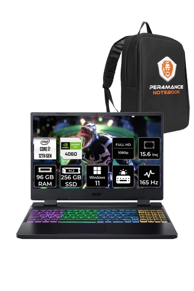 ACER  Nitro 5 i7 12650H 96GB 256GB SSD RTX4060/8GB 165Hz FHD 15.6" W11P Taşınabilir Bilgisayar & PER4 Çanta