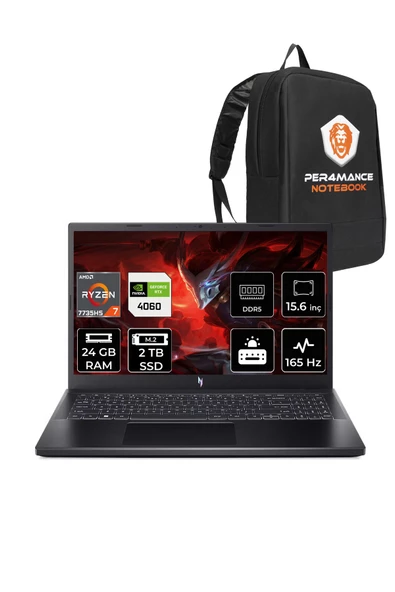 ACER  Nitro V 15 R7-7735HS 24GB 2TB SSD RTX4060/8GB 15.6'' 165Hz FHD FDOS & PER4 Çanta