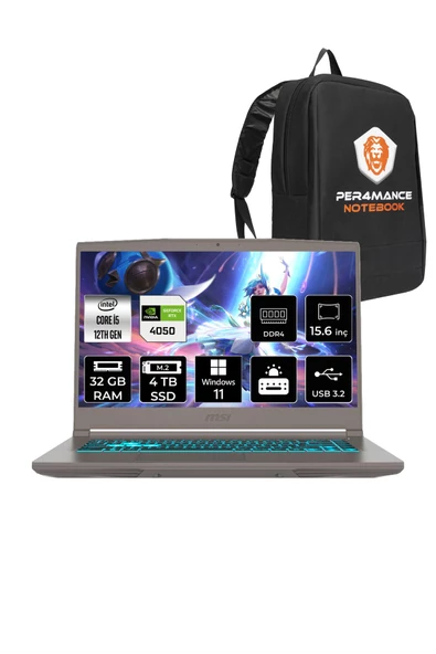 MSI  Thin 15 i5 12450H 32GB 4TB SSD RTX4050/6GB 15.6" FHD 144HZ W11H B12VE27TR & PER4 Çanta