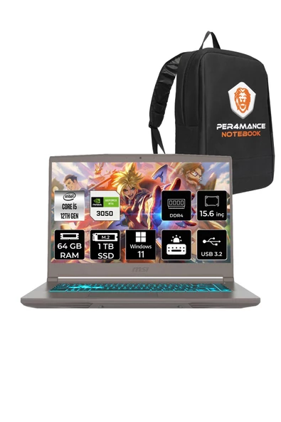 MSI  Thin 15 İ5 12450h 64gb 1tb Ssd Rtx3050/4gb 15.6" Fhd 144hz W11P B12uc91tr & PER4 Çanta