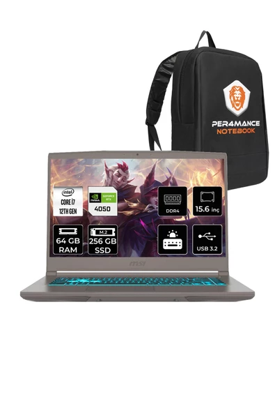 MSI  Thin 15 i7 12650H 64GB 256GB SSD RTX4050/6GB 15.6" FHD 144HZ FDOS B12VE92TR & PER4 Çanta