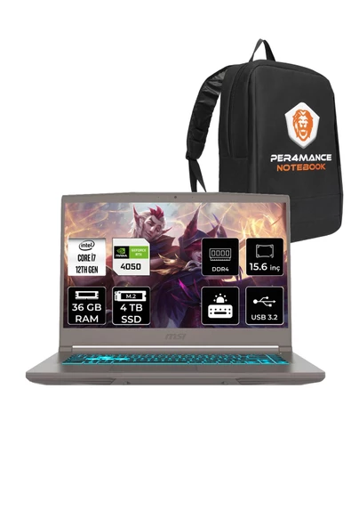 MSI  Thin 15 i7 12650H 36GB 4TB SSD RTX4050/6GB 15.6" FHD 144HZ FDOS B12VE92TR & PER4 Çanta